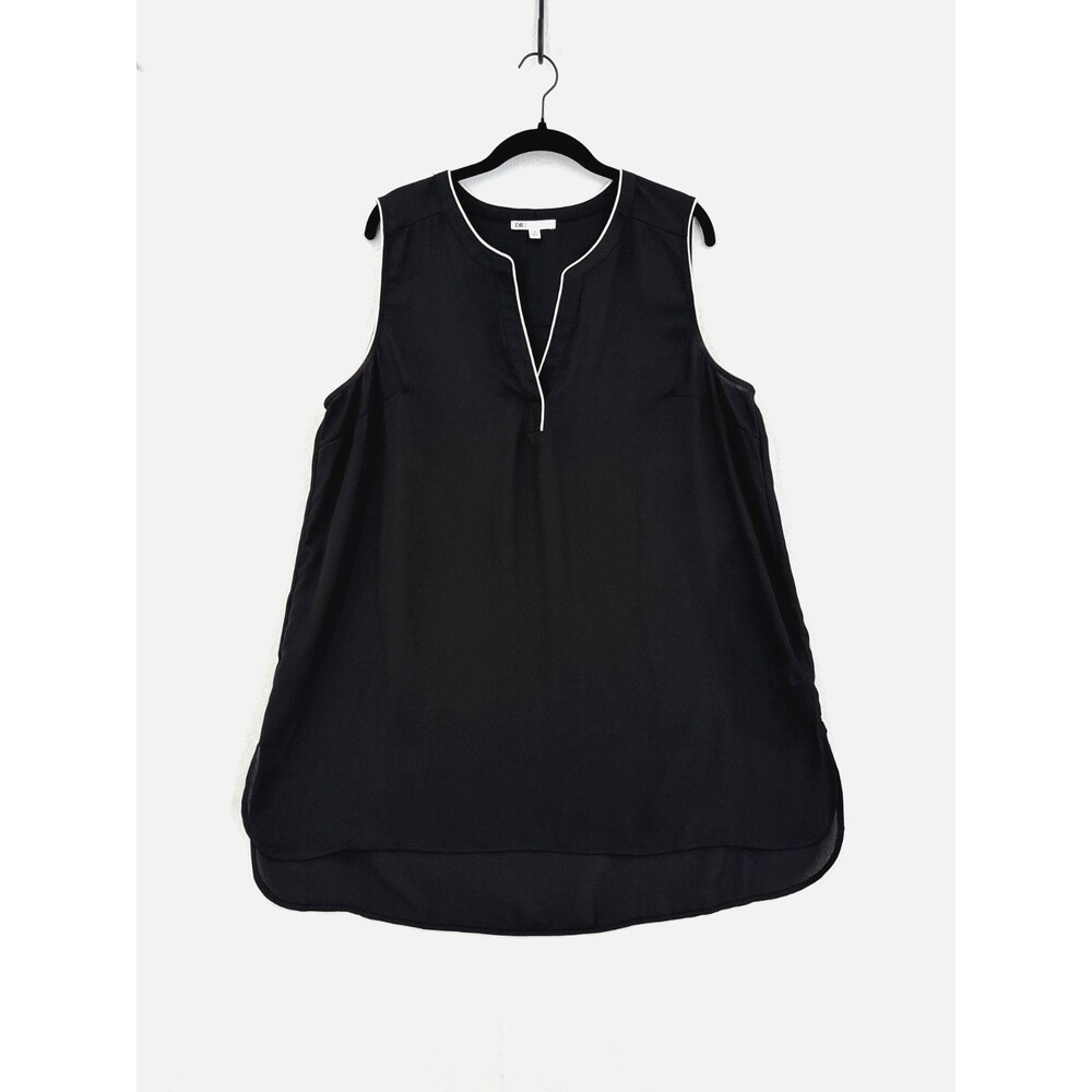 DR2 Daniel Rainn Black White Piping Sleeveless Tunic Blouse XL Hi Low Career